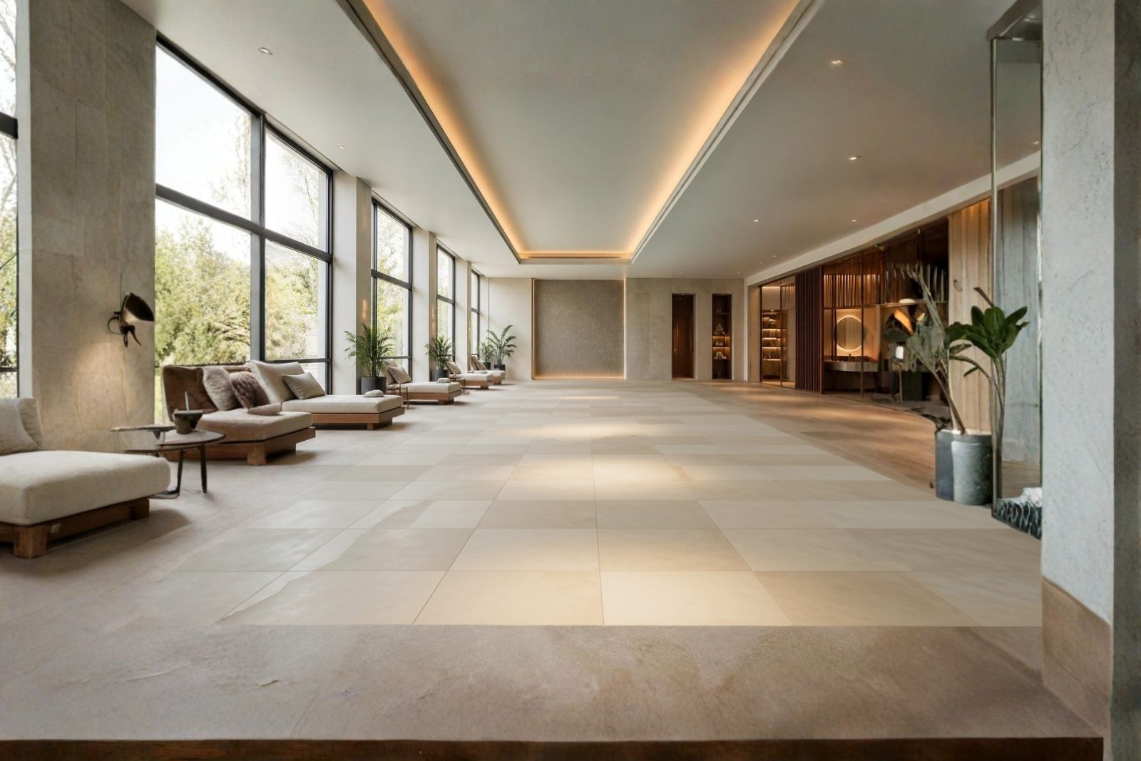 Movable pool floor raised flush with the deck, pool concealed beneath the floor