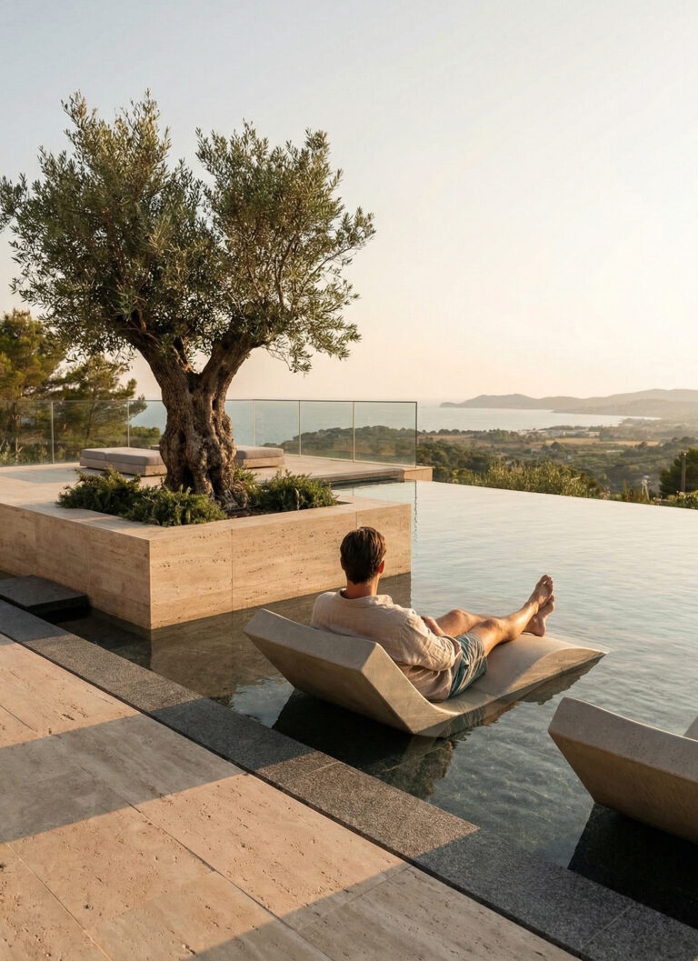 Water island private estate infinity edge pool with in-water loungers, USVI