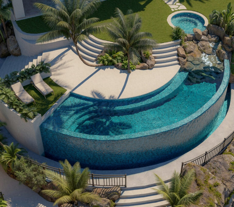 Rendering of a curved infinity pool and spa design, illustrating aquatic design and engineering services