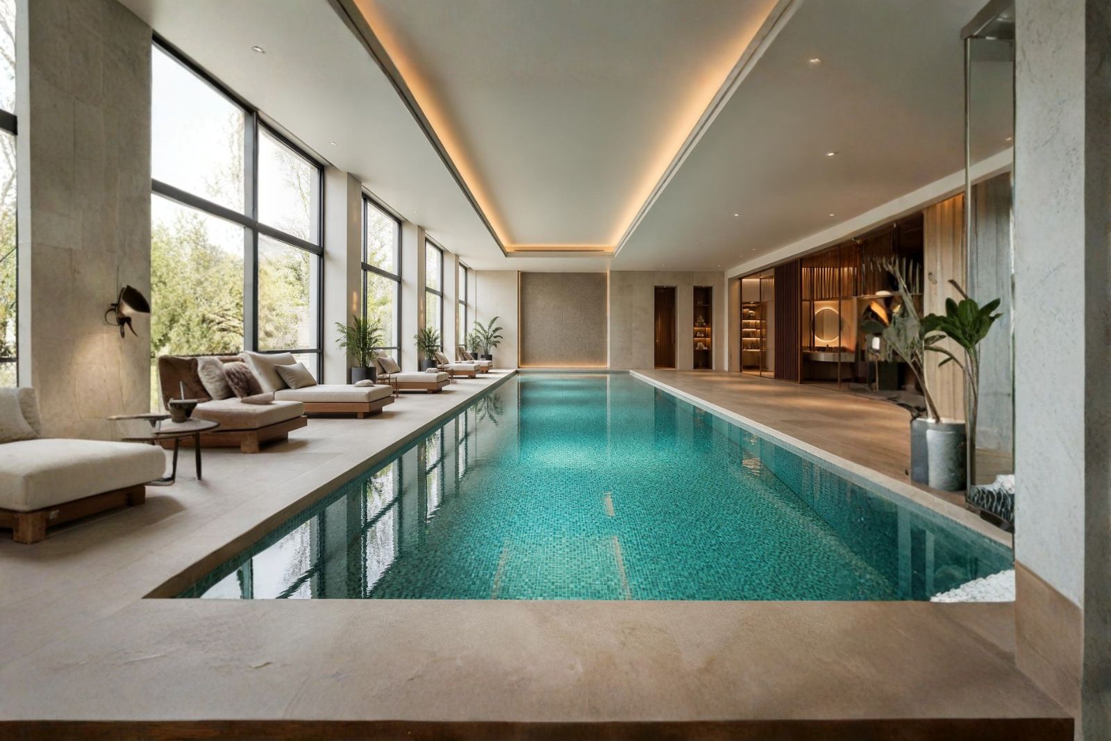 Movable pool floor lowered to full depth in a luxury hotel indoor pool