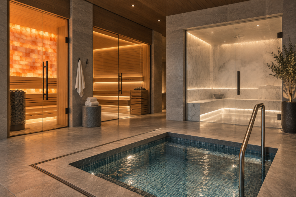 Luxury thermal suite with sunken cold plunge pool, glass-enclosed sauna and steam room, and warm backlit wood paneling