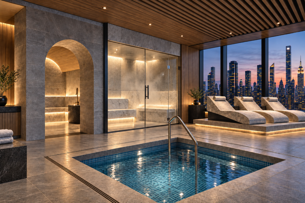 Rendering of a terrace wellness suite with a tiled plunge pool, glass wall opening to rooftop loungers, and the New York City skyline at dusk by Aquatics International Group