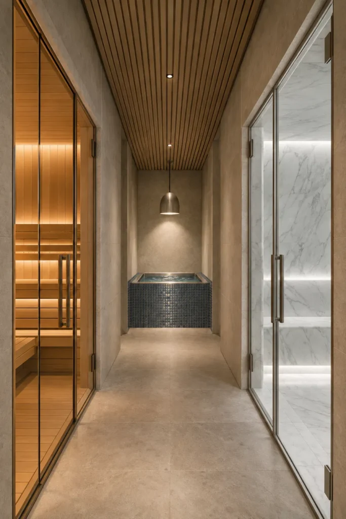 Rendering of a thermal circuit corridor with a glowing sauna, marble steam room, and tiled cold plunge under a pendant light in a New York wellness club by Aquatics International Group