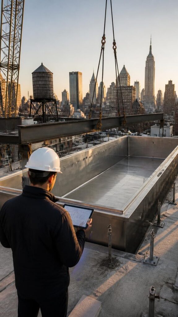 Pool consultant reviewing drawings beside a new stainless steel rooftop pool shell in New York City by Aquatics International Group