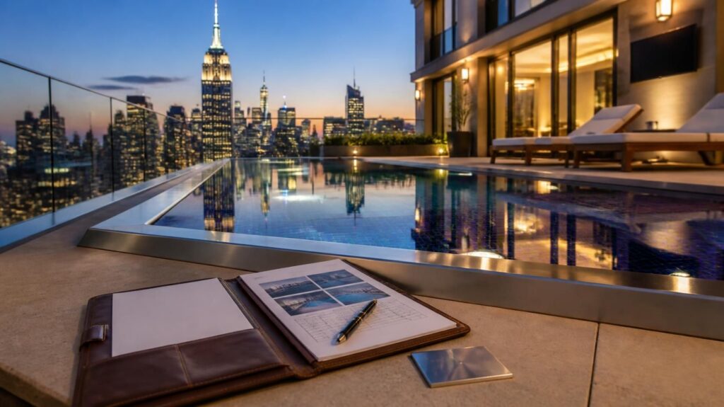 Completed rooftop pool in glass mosaic tile at dusk with a pool condition assessment report on the coping, Manhattan skyline behind, Aquatics International Group