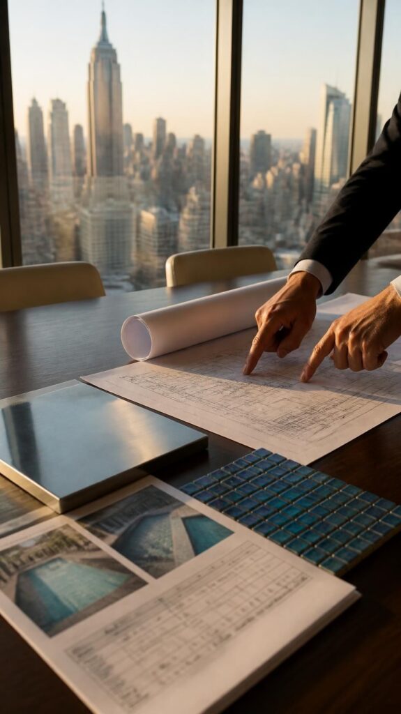 Pool consultant reviewing condition report and drawings with stainless and glass tile samples in a Manhattan office, Aquatics International Group